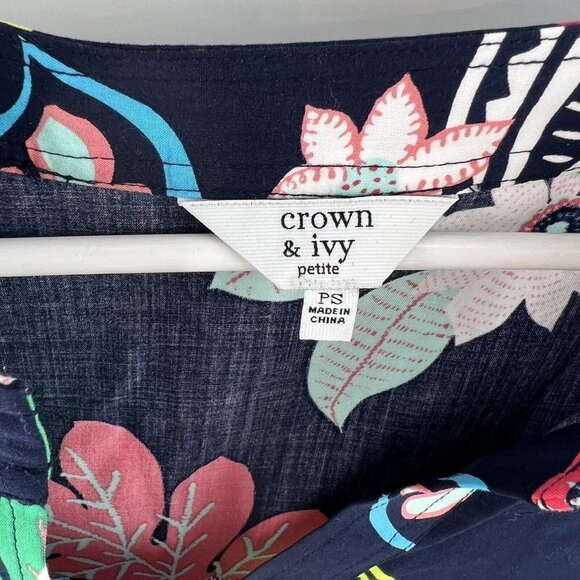 crown & ivy Women's Swing Dress size PS Petite Small Bell Sleeves Floral Parrots - Picture 3 of 5